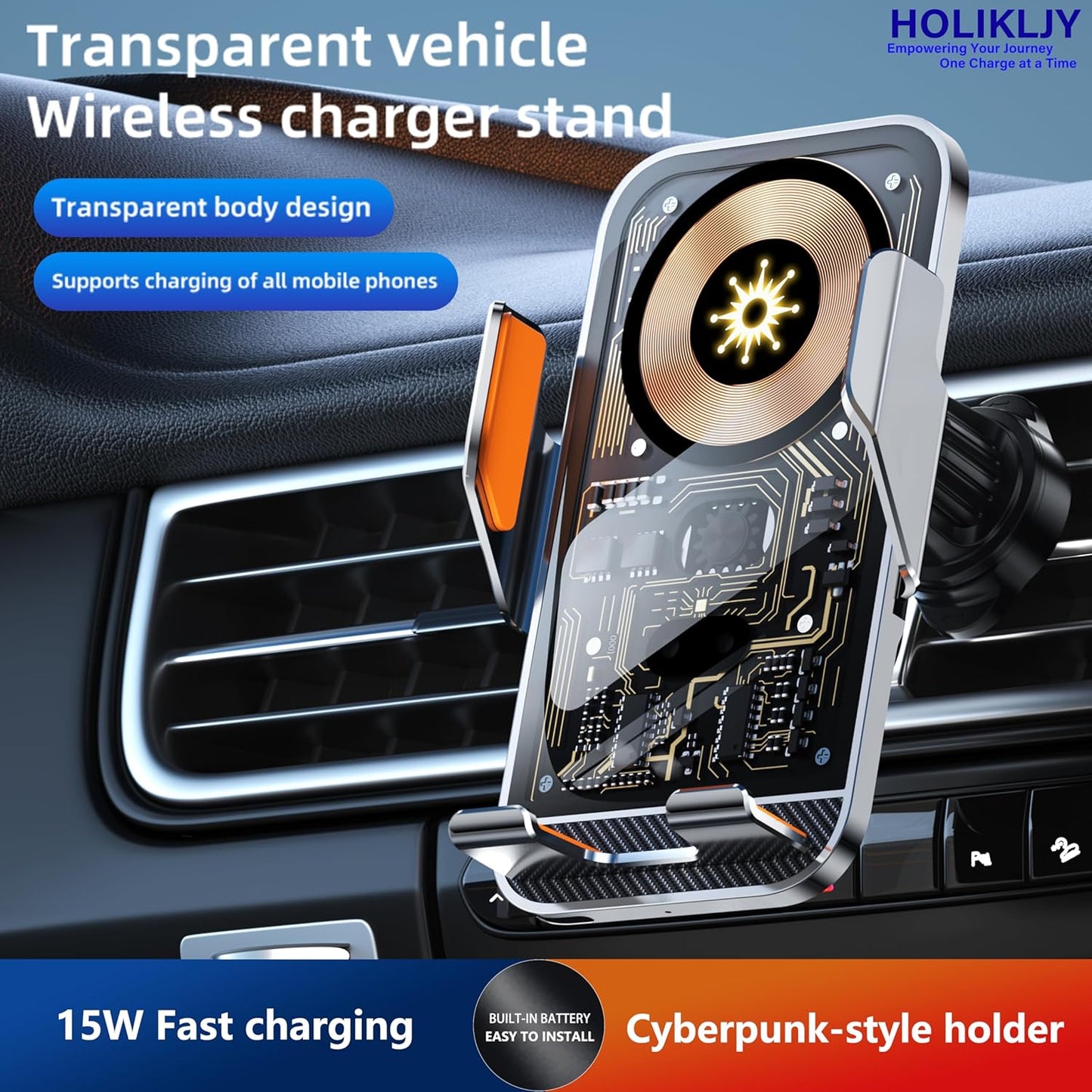 Wireless Car Charger Holder, 15W Fast Charging Car Phone Holder Charger Auto-Clamping 360° Rotation Adjustable Air Vent Phone Mount Car Charger with Luminous Logo for iPhone 16 15 14 13 S24 S23 S22