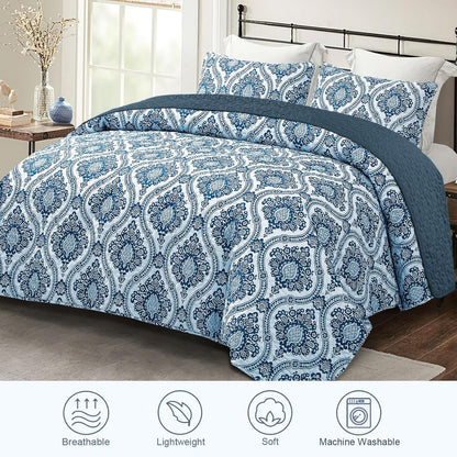 Exclusivo Mezcla Reversible Boho Quilt Set Queen Size, 3 Pieces Damask Blue All Season Bedspreads, Ultra Soft Floral Coverlet Bedding Set with Printed Pattern (1 Quilt, 2 Pillow Shams)
