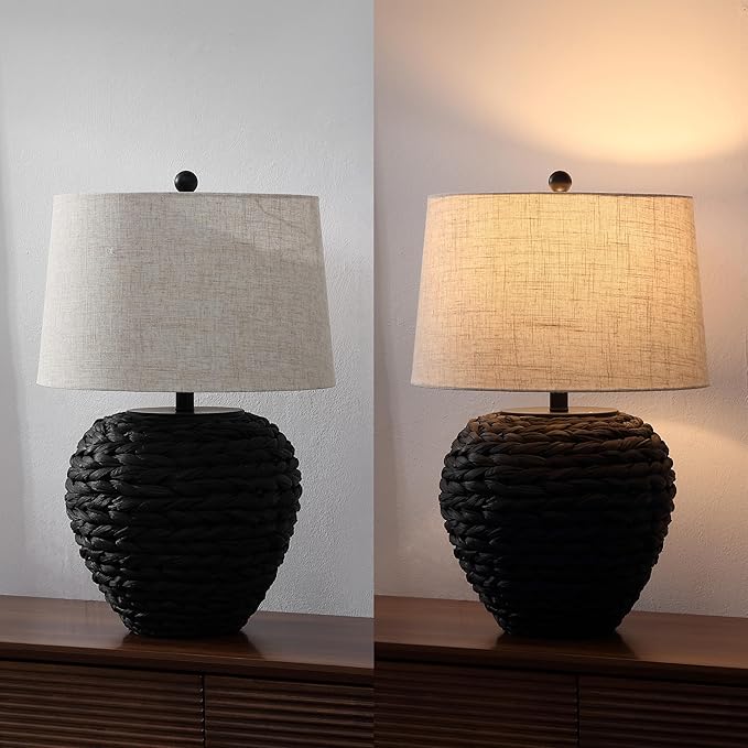 JONATHAN Y 24.5" Black Water Hyacinth Farmhouse Basket Table Lamp, Coastal Decor for Living Room Bedroom Nightstand, Light Gray Linen Shade, LED Bulb Included (JYL6501D)