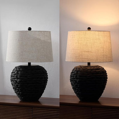 JONATHAN Y 24.5" Black Water Hyacinth Farmhouse Basket Table Lamp, Coastal Decor for Living Room Bedroom Nightstand, Light Gray Linen Shade, LED Bulb Included (JYL6501D)