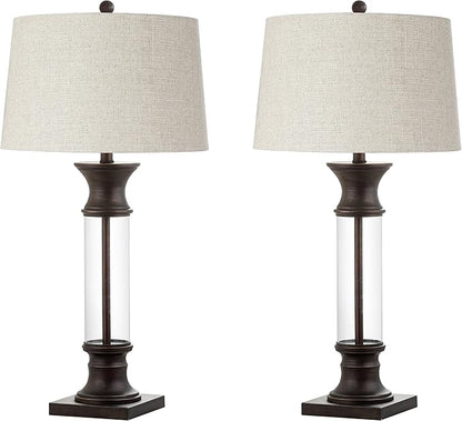 JONATHAN Y 32" Bronze and Clear Glass Table Lamp Set of 2 for Living Room, Rustic Farmhouse Bedside Nightstand Lamps with Gray Linen Drum Shade, LED Bulbs Included JYL4000A-SET2