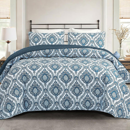 Exclusivo Mezcla Reversible Boho Quilt Set Queen Size, 3 Pieces Damask Blue All Season Bedspreads, Ultra Soft Floral Coverlet Bedding Set with Printed Pattern (1 Quilt, 2 Pillow Shams)