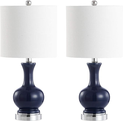 JONATHAN Y 22" Navy/Chrome Modern Glass Table Lamp Set of 2, Brass Gold Bedside Lamp with White Linen Shade for Bedroom Living Room, LED Bulbs Included (JYL4033C-SET2)
