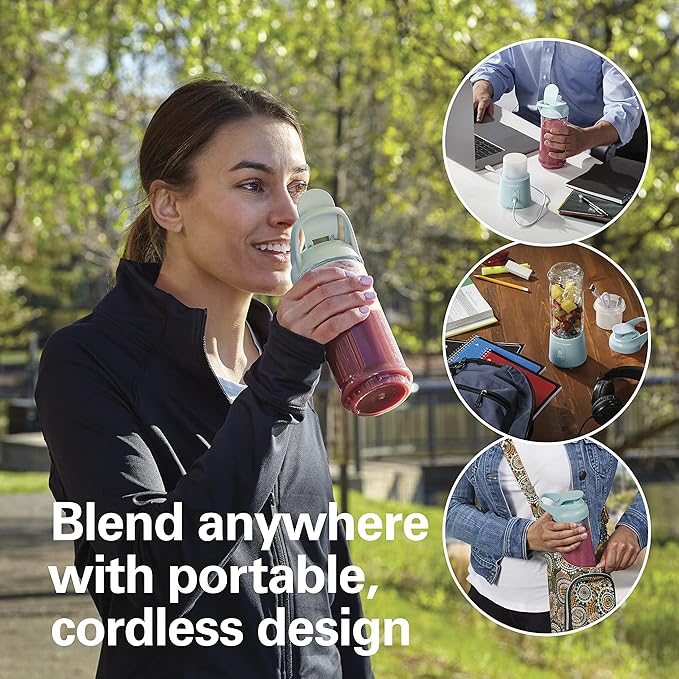 Hamilton Beach Mini Cordless Portable Personal Blender for Shakes and Smoothies, USB Rechargeable, 16 oz. Jar with Leakproof Travel Lid, 6 Stainless Steel Blades, Blue (51182)