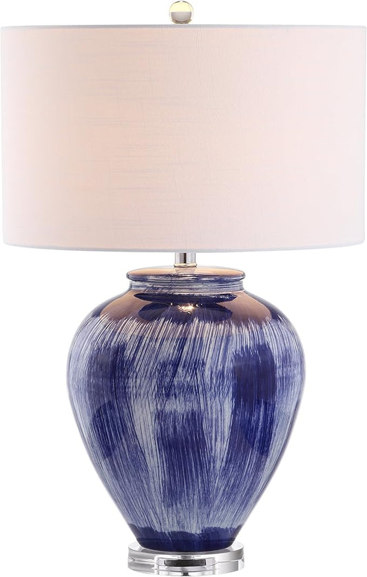JONATHAN Y 26" Seaside Blue Ceramic LED Table Lamp, Coastal Glam Reactive Glaze Lamp with Crystal Base for Living Room Bedroom, White Linen Drum Shade, LED Bulb Included JYL5013A