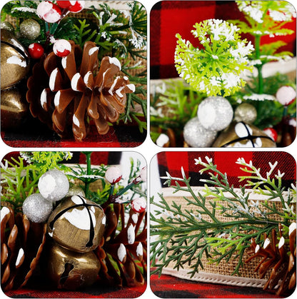 Prsildan Christmas Plaid Top Hat Tree Topper with Pine Cones, Berries, and Bells - Holiday Decor
