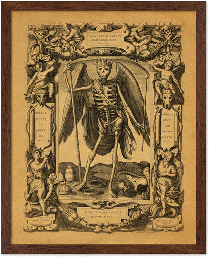 Poster Master Vintage Medieval Poster - Retro Gothic Print - Gift for Artist, Friend - Angel of Death, Memento Mori, Life, Skeleton, Dark - Wall Decor for Home, Living Room, 8x10 Brown Framed
