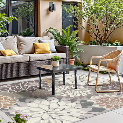 Indoor Outdoor Area Rug Washable Multicolored Patio Rug Tropical Botanical Modern Floral Indoor Outdoor Carpet Brown White Rug Non Slip Non Shedding for Patio, Deck, Backyard, Porch (6x9)