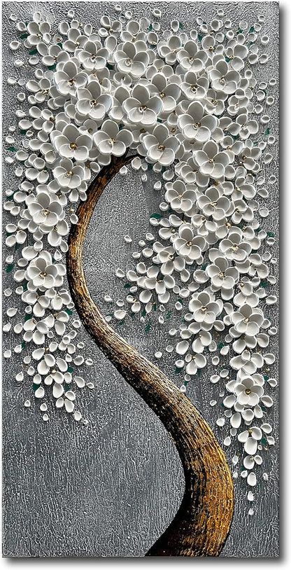 100% Hand-Painted 3D White Vertical Abstract Flower Tree Painting, Canvas Texture Mural, Living Room, Bedroom, Dining Room Mural 24x48 inchs