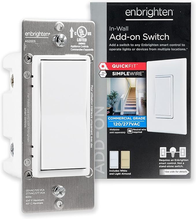Enbrighten Add-On Switch QuickFit and SimpleWire, In-Wall Rocker Paddle, Z-Wave ZigBee Wireless Smart Lighting Controls, NOT A STANDALONE Switch, 46199 , White and Light Almond