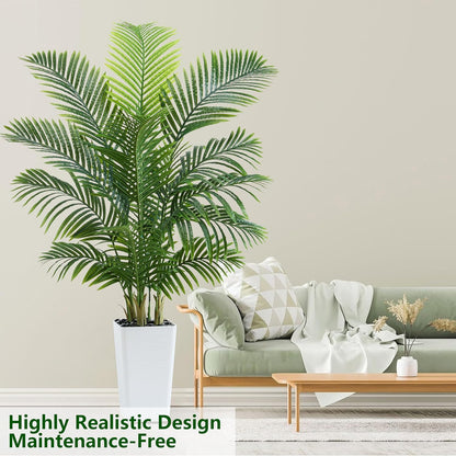 Artificial Palm Tree 5FT - Tall Fake Tree with White Taper Planter & Pebbles, UV Resistant for Indoor & Outdoor, Large Potted Faux Plant, Tropical Areca Floor Plant for Living Room, Office, Home Decor