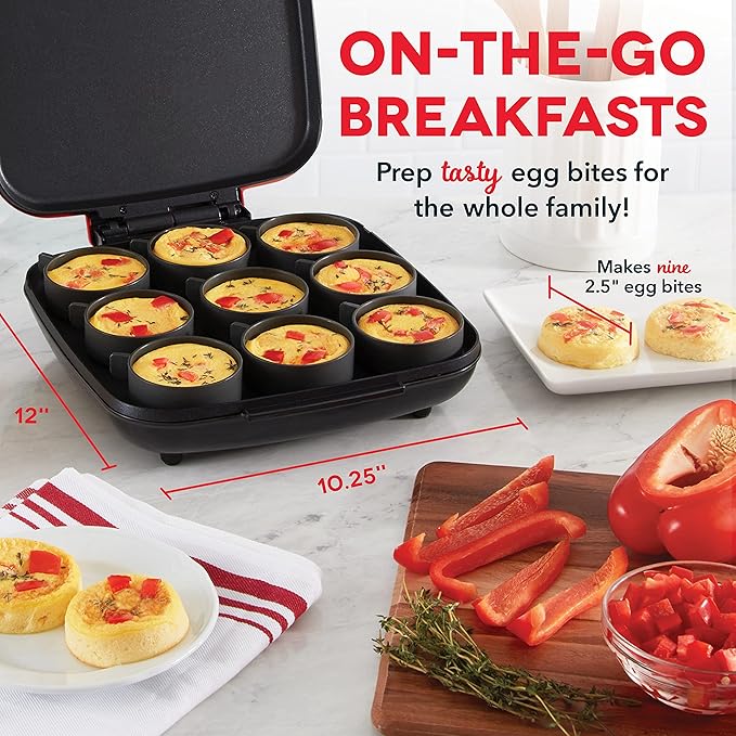 Dash Family Size Egg Bite Maker - Electric Egg Bite Maker with Non-Stick Silicone Cups - Space-Saving Design & Quick Cleanup - Make Sandwiches, Healthy Snacks & Desserts - 9 Servings, Red