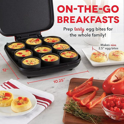 Dash Family Size Egg Bite Maker - Electric Egg Bite Maker with Non-Stick Silicone Cups - Space-Saving Design & Quick Cleanup - Make Sandwiches, Healthy Snacks & Desserts - 9 Servings, Red