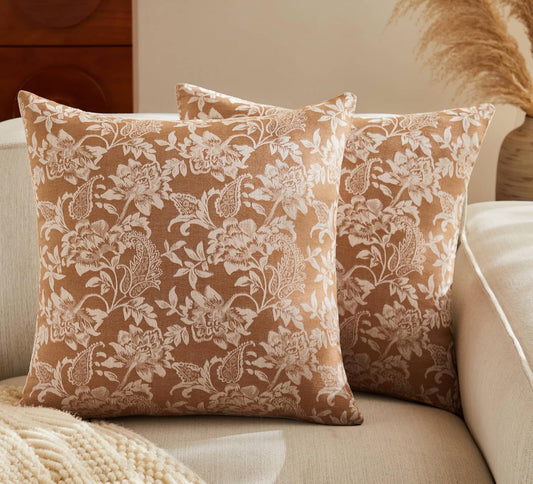 Floral Jacquard Throw Pillow Covers Set of 2, Background/Caramal 16x16 Inch, Farmhouse Decorative Cotton Caramal Cushion Covers for Sofa Bed Living Room Home Decor