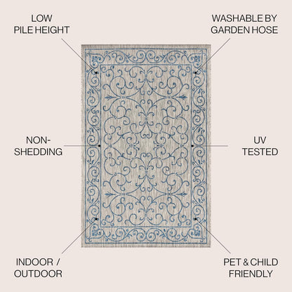 JONATHAN Y Vintage Filigree Indoor Outdoor Area Rug 9X12 Gray/Navy, Charleston Textured Weave for Backyard, Patio, Porch, Easy-Cleaning, High Traffic, Pet-Friendly, Non-Shedding (SMB106C-9)