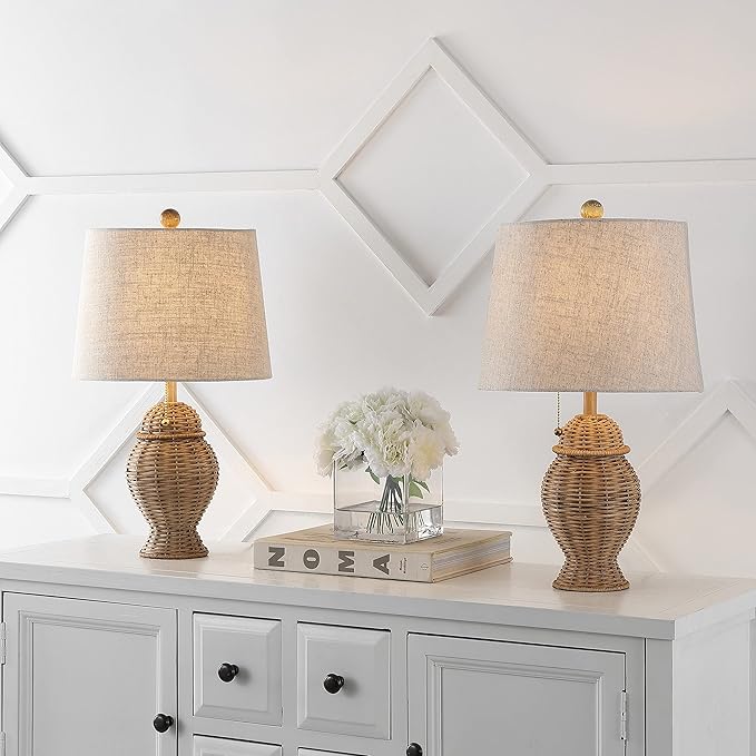 JONATHAN Y 20.5" Natural Wicker Table Lamp Set of 2, Bohemian Rustic Farmhouse Bedside Lamps for Living Room, Nightstand Desk Lamps with Beige Linen Shade, LED Bulbs Included JYL4041A-SET2