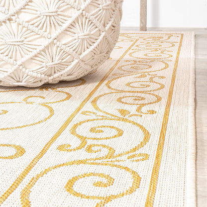 JONATHAN Y Vintage Filigree Indoor Outdoor Square Area Rug 5X5 Cream/Yellow, Charleston Textured Weave for Backyard, Patio, Porch, Easy-Cleaning, High Traffic, Pet-Friendly, Non-Shedding SMB106M-5SQ