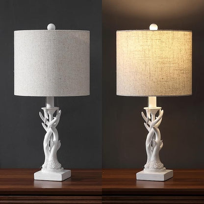 JONATHAN Y 20.5" Antique White Rustic Antler Table Lamp for Bedroom Farmhouse Decor, Mini Faux Antler Desk Lamp with Gray Linen Shade, Lodge Cabin Nightstand Lamp, LED Bulb (JYL1031C)