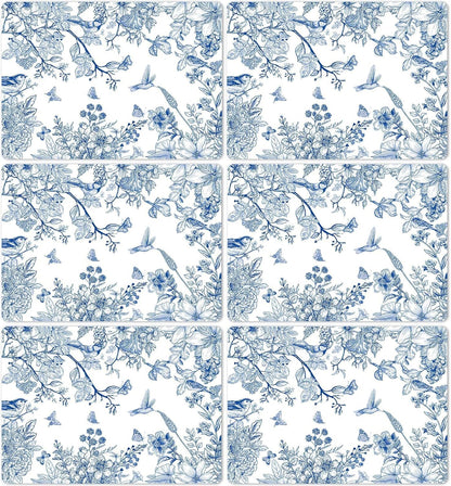 Blue Floral Placemats Set of 6 Flower Bird Plastic Table Mats Seasonal Spring Placemats Chinoiserie Place Mats Rustic Vintage Table Decoration for Indoor Outdoor Party Kitchen Dining