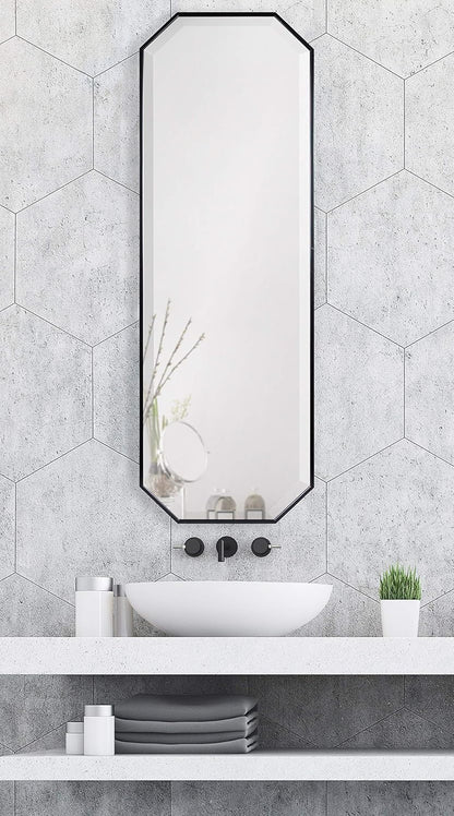 Kate and Laurel Rhodes Modern Full Length Octagon Wall Mirror, 16 x 48, Black, Decorative Glam Geometric Wall Accent