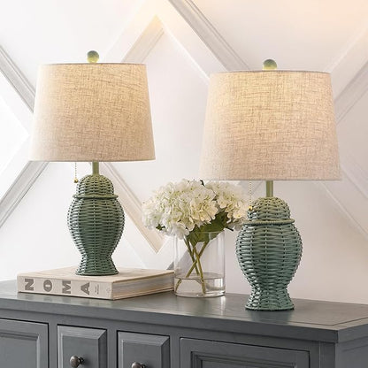 JONATHAN Y 20.5" Green Wicker Table Lamp Set of 2, Bohemian Rustic Farmhouse Bedside Lamps for Living Room, Nightstand Desk Lamps with Beige Linen Shade, LED Bulbs Included (JYL4041C-SET2)