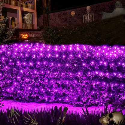 WBao Halloween Lights Outdoor 200LED F8 Big Bulbs, 8.4ft x 5.2ft Halloween Net Lights with 8 Modes, Timer, Connectable, Waterproof & Dark Green Wire for Lawn, Bushes, Trees Outdoor Decorations, Purple