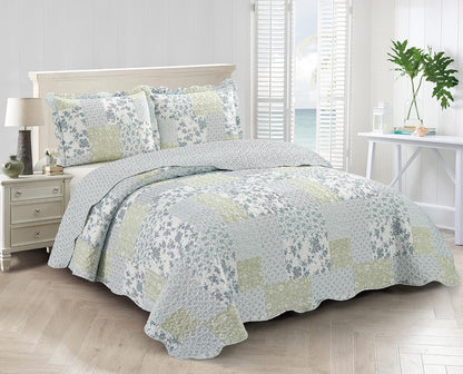 Brilliant Sunshine Multi Blue and Beige Floral Patchwork, 3-Piece Quilt Set with 2 Shams, Reversible Bedspread, Soft Lightweight Coverlet, All-Season, Full/Queen, Blue White