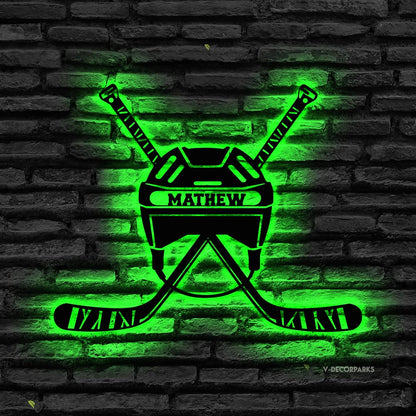 Custom Hockey LED Sign - Goalie Helmet Personalized Name Sign with Crossed Sticks, Light Up Goalie Mask Hockey Room Decor for Boys, Players, Fans