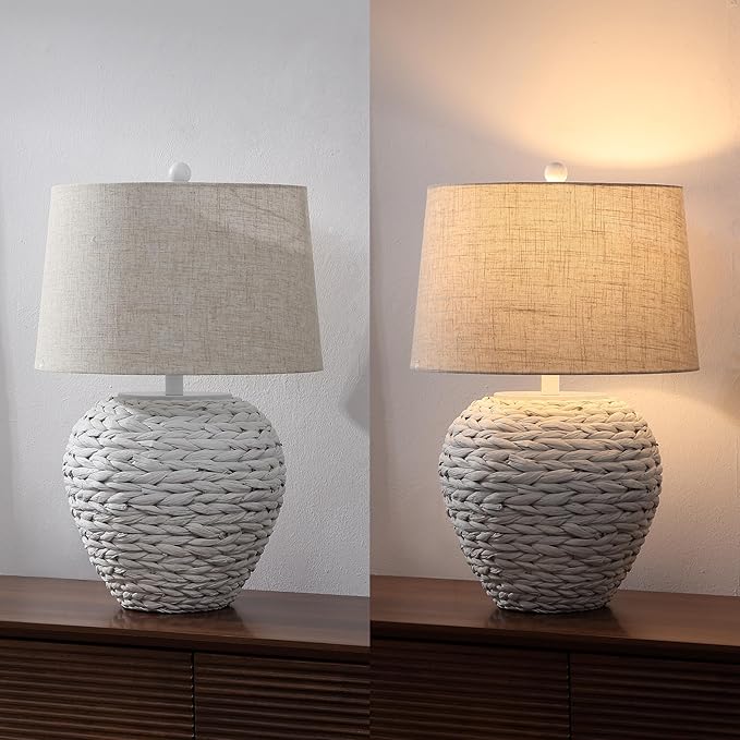 JONATHAN Y 24.5" White Water Hyacinth Farmhouse Basket Table Lamp, Coastal Decor for Living Room Bedroom Nightstand, Light Gray Linen Shade, LED Bulb Included (JYL6501C)