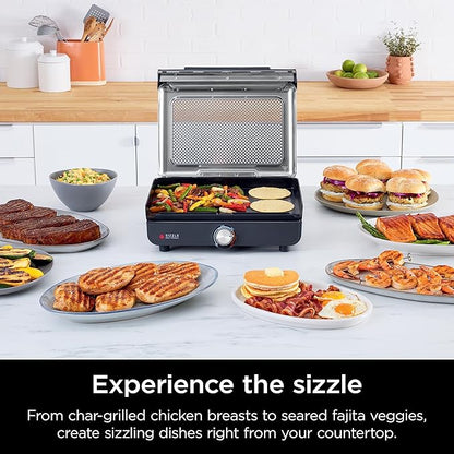 Ninja Griddle and Indoor Grill, 14’’, Electric Grill, For Steak, Burgers, Salmon, Veggies, and More, Pancake Griddle, Nonstick, Dishwasher Safe, 500F, Even Cooking, Silver, GR101