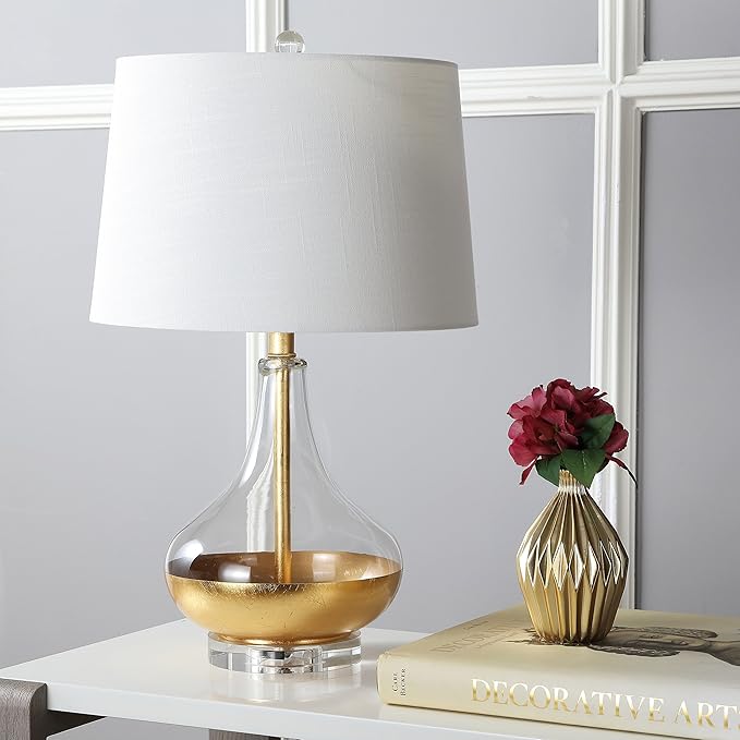 JONATHAN Y 24.5" Gold Painted Glass Table Lamp, Modern Glam Teardrop Nightstand Lamp with White Linen Drum Shade and Crystal Base, UL Listed, LED Bulb Included JYL5007A