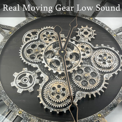 24 Inch Moving Gear Wall Clock, Oversized Wall Clocks, Clock Living Room Decor, Solid Wood Frame, Battery Operated, Large Wall Clock with Steampunk Industrial for Fireplace(Black)