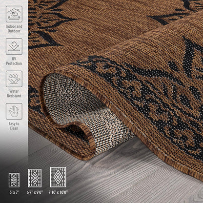 CAMILSON Outdoor Rug 8x10 Medallion Nut Brown Black Modern Area Rugs for Indoor and Outdoor Patios, Kitchen and Hallway Rug, Washable Porch Deck Outside Carpet (8 x 10)