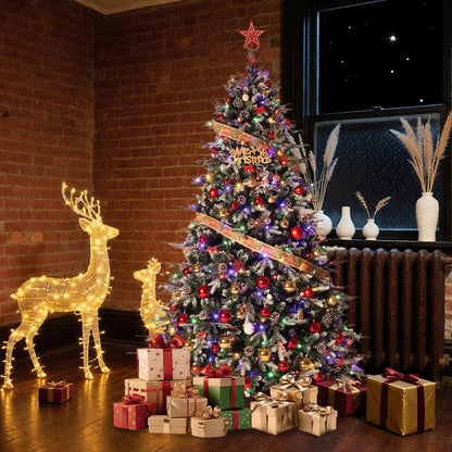 7.5 FT Snow Flocked Christmas Tree with 450 Warm Lights-8 Modes, Prelit Christmas Trees with Pine Cone & Gloves, Metal Folding Stand, Full Artificial Xmars Tree for Home Decor, Norway Spruce, Green