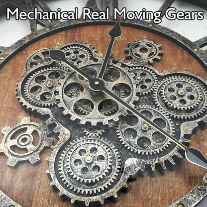 27 inch Large Real Moving Gears Wall Clock with Toughened Glass Cover, Oversized Vintage Solid Wood Farmhouse Clock, Giant Decorative Rustic Wall Clock for Living Room Home Kitchen Office (Brown)