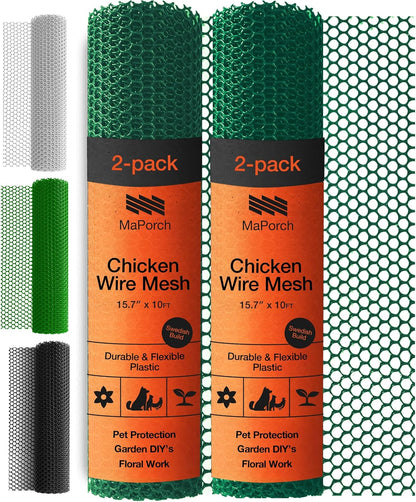 MaPorch Plastic Wire Mesh Fence - Green, 15.71" x 10 ft, 2 Pack - Plastic Chicken Wire Fencing for Dogs, Rabbits & Poultry - Chicken Netting Barrier - Balcony Netting for Pets - Balcony Cat Barrier
