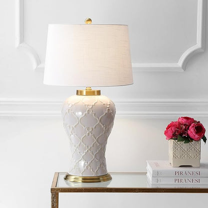 JONATHAN Y 29" Cream Textured Ceramic Table Lamp, Transitional Quatrefoil Trellis Design with White Linen Drum Shade and Brass Accents for Living Room, LED Bulb Included JYL4024A