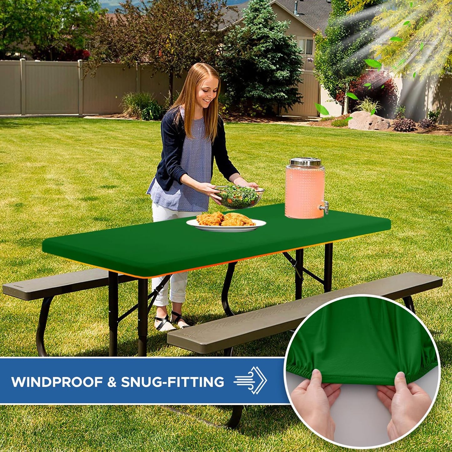 Fitted Tablecloth for 8 Foot Rectangle Tables-4 Pack Green Elastic Outdoor Picnic Table Cover-Spandex Stretch Folding Table Cloths 8ft for Camping Dining Room Patio Kitchen Banquet Party