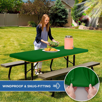 Fitted Tablecloth for 8 Foot Rectangle Tables-6 Pack Green Elastic Outdoor Picnic Table Cover-Spandex Stretch Folding Table Cloths 8ft for Camping Dining Room Patio Kitchen Banquet Party