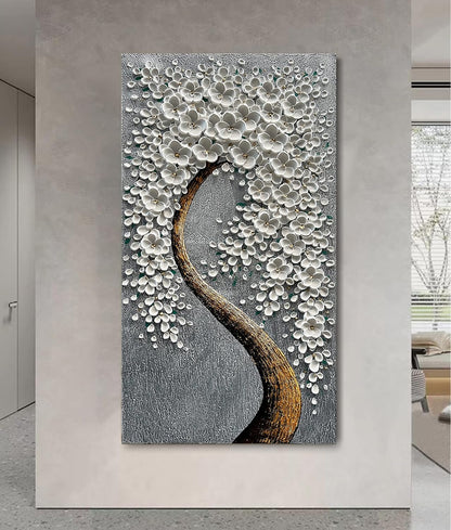 100% Hand-Painted 3D White Vertical Abstract Flower Tree Painting, Canvas Texture Mural, Living Room, Bedroom, Dining Room Mural 24x48 inchs
