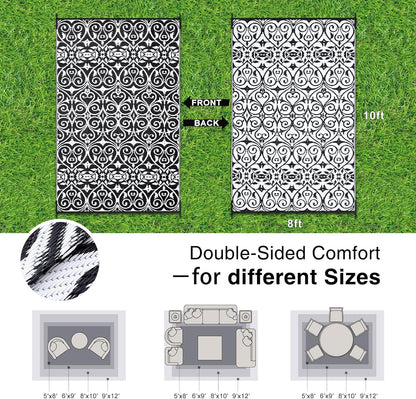 OLANLY Outdoor Rug Waterproof 8x10 ft Clearance, Reversible Outdoor Plastic Straw Rug with Floral Pattern, RV Mat for Patio, Camping, Balcony, Deck, Backyard, Black & White