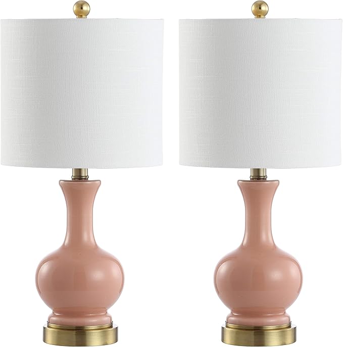 JONATHAN Y 22" Light Coral/Brass Gold Modern Glass Table Lamp Set of 2, Brass Gold Bedside Lamp with White Linen Shade for Bedroom Living Room, LED Bulbs Included (JYL4033D-SET2)