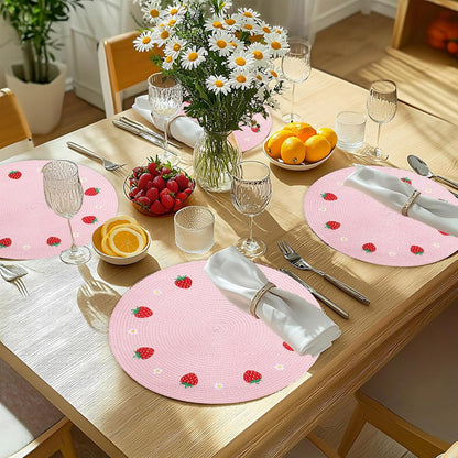 Whaline 4Pcs Round Placemats Daisy Strawberry Embroidered Place Mats Summer Strawberry Dinner Table Mats for Home Wedding Baby Shower Birthday Party Decor