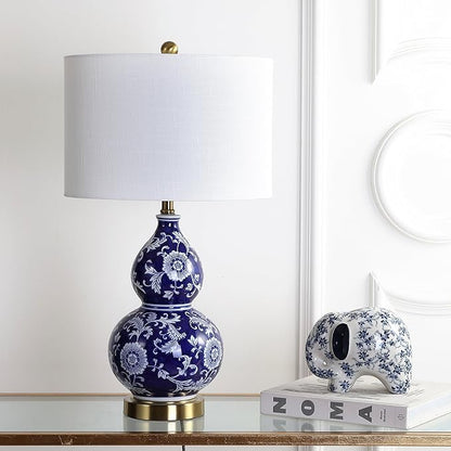 JONATHAN Y 27" Blue/White Ceramic Chinoiserie Table Lamp, Traditional Floral Double Gourd Vase Lamp with White Linen Drum Shade, Brass Gold Base, LED Bulb Included JYL3003A