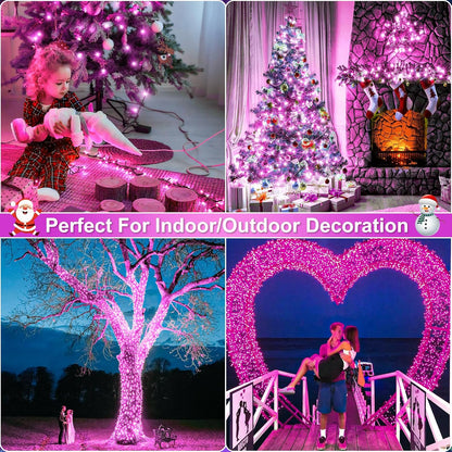 2 Pack Christmas Lights Outdoor, Total 200FT 600LED String Lights for Outside with 8 Modes Waterproof, Green Wire Twinkle Tree Lights for Indoor Room Patio Garden Party Decorations, Pink
