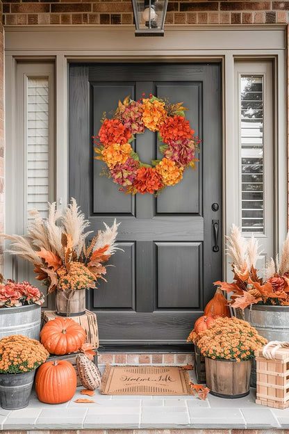 Artificial Fall Wreath for Front Door – 24 Inch Hydrangea Floral Wreath with Orange & Burgundy Flowers, Autumn Thanksgiving Door Décor