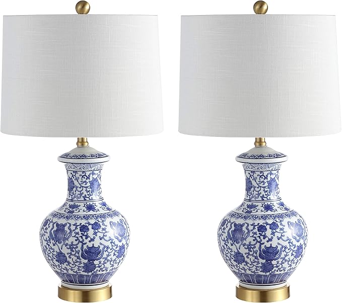 JONATHAN Y 25.25" Blue/White Ceramic Ginger Jar Table Lamp Set of 2, Traditional Brass Gold Base for Living Room Bedroom, White Linen Drum Shade, LED Bulbs Included JYL1072A-SET2