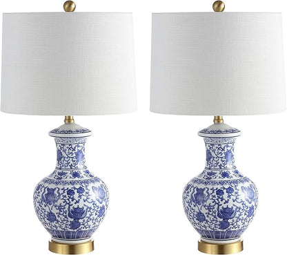 JONATHAN Y 25.25" Blue/White Ceramic Ginger Jar Table Lamp Set of 2, Traditional Brass Gold Base for Living Room Bedroom, White Linen Drum Shade, LED Bulbs Included JYL1072A-SET2
