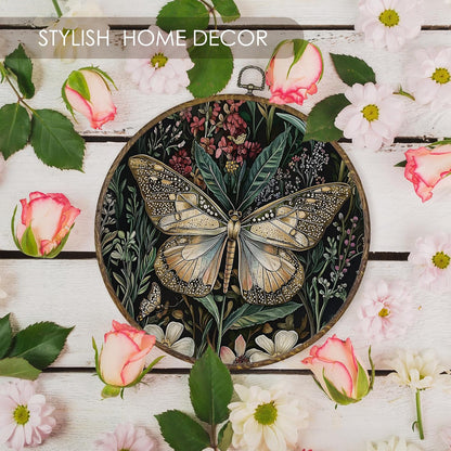 Fewgb Vintage Dark Moody Butterfly Round Wall Art Decor Framed for Bedroom Kitchen, Dark Cottagecore Academia Canvas Wall Art Prints Picture, Gothic Botanical Hanging Room Decor Artwork 10x10