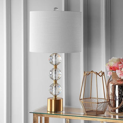 JONATHAN Y 25.25" Clear and Brass Gold Crystal Table Lamp, Modern Glam Faceted Orb Bedside Lamp with White Linen Drum Shade for Living Room Bedroom, LED Bulb Included JYL5017A